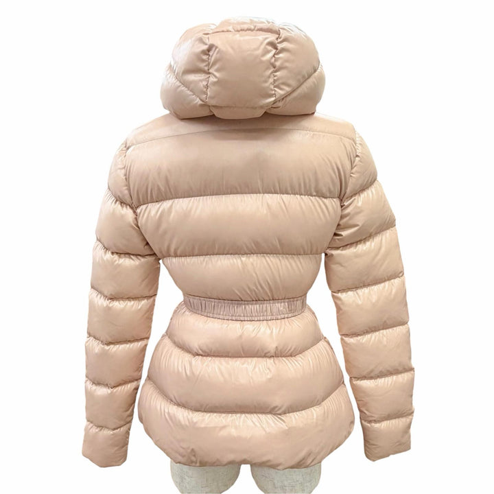 極美品△MONCLER モンクレール RHIN ロゴパッチ付き ベルト付き フーデット ダウンジャケット ピンクベージュ系 00 正規品 ハンガー付き