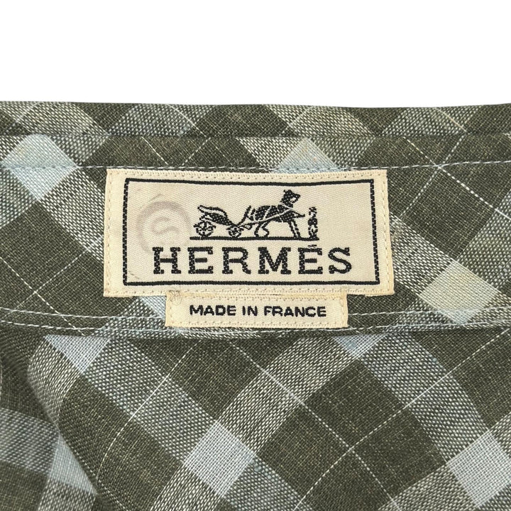極美品●HERMES エルメス リネン100% セリエボタン バイアスチェック柄 長袖シャツ グリーン ライトブルー 41/16 フランス製 メンズ