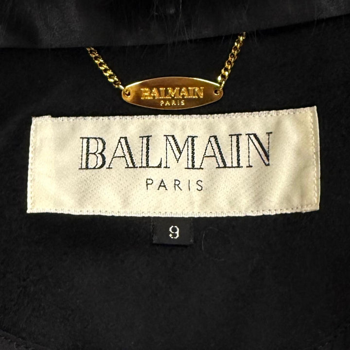 極美品★BALMAIN バルマン カシミヤ100％ 襟FOXファー ロゴボタン付 比翼仕立て ロングコート ブラック 9 日本製 正規品 レディース