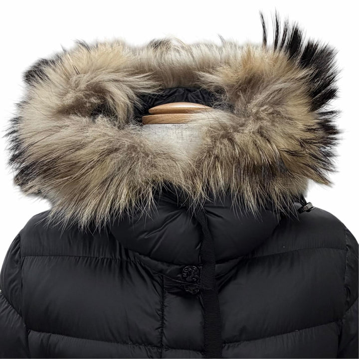 良品△MONCLER モンクレール HERMIFUR エルミファー ロゴワッペン ファー フード付き ダウンコート ブラック 2 正規品 ハンガー付き