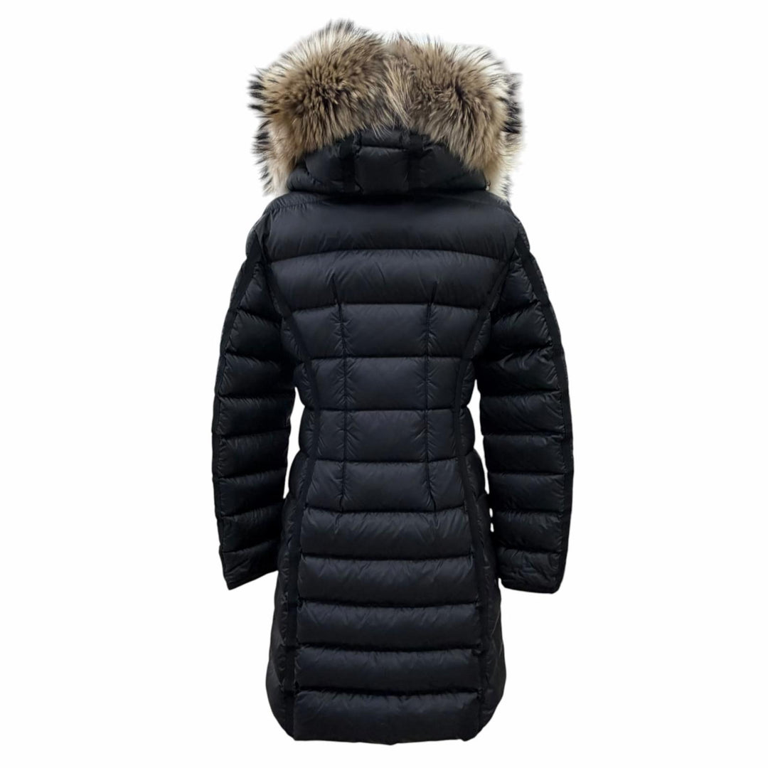 良品△MONCLER モンクレール HERMIFUR エルミファー ロゴワッペン ファー フード付き ダウンコート ブラック 2 正規品 ハンガー付き
