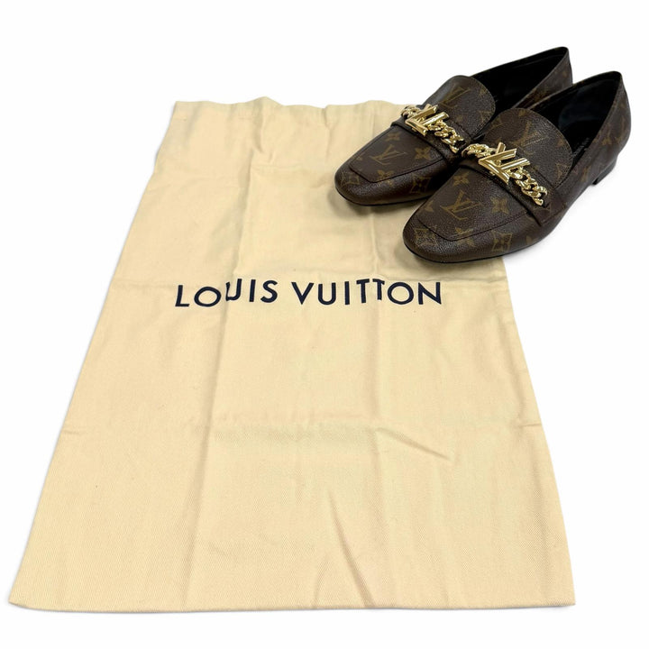 未使用品★LOUIS VUITTON ルイヴィトン アッパーケースライン LV金具 モノグラム スクエアトゥ レザー ローファー ブラウン 37.5 袋付