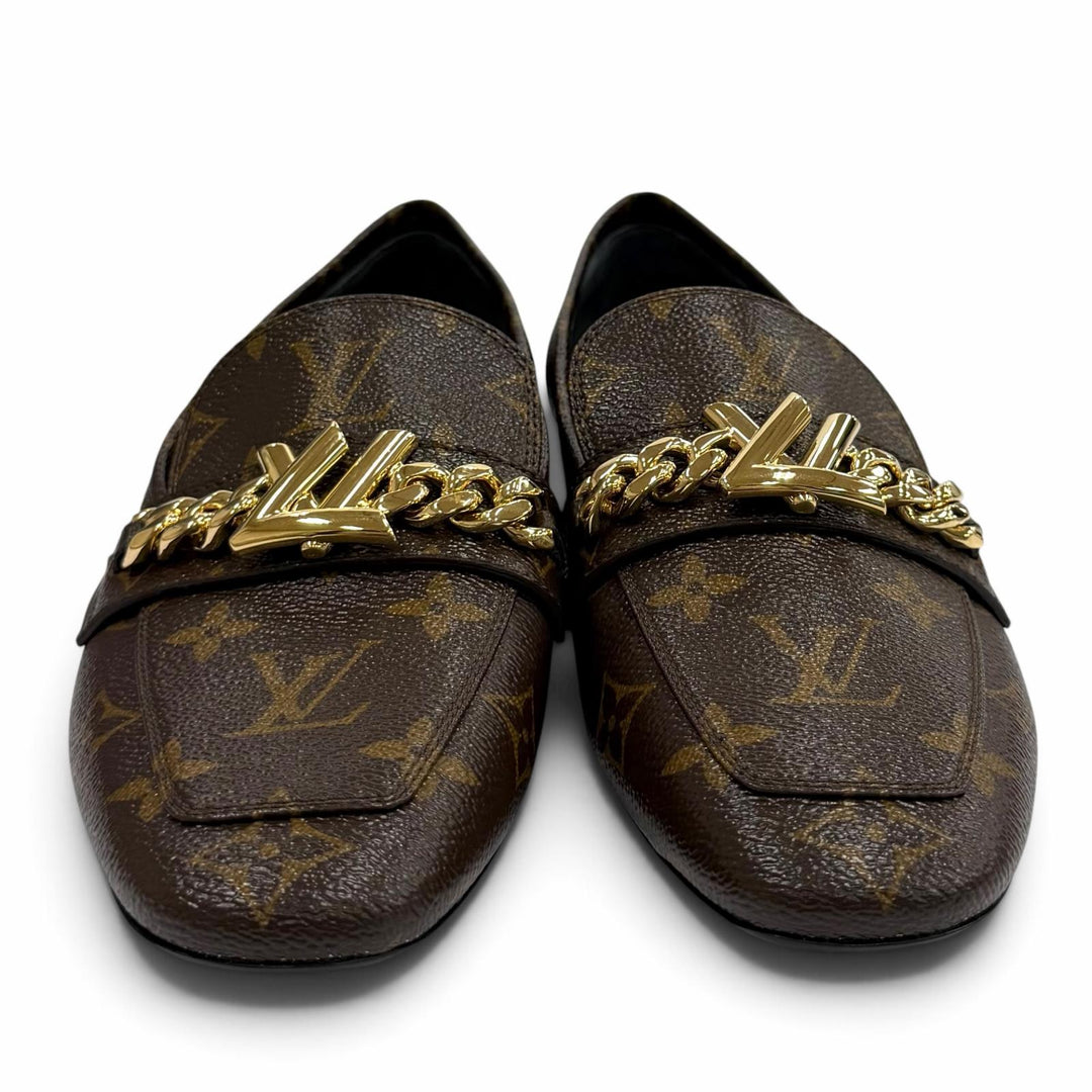 未使用品★LOUIS VUITTON ルイヴィトン アッパーケースライン LV金具 モノグラム スクエアトゥ レザー ローファー ブラウン 37.5 袋付