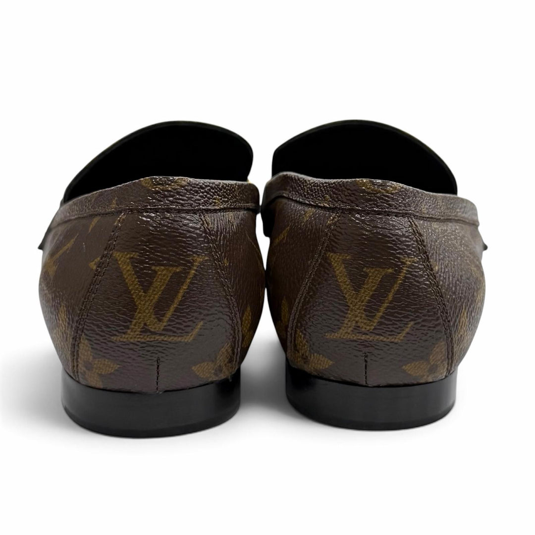 未使用品★LOUIS VUITTON ルイヴィトン アッパーケースライン LV金具 モノグラム スクエアトゥ レザー ローファー ブラウン 37.5 袋付