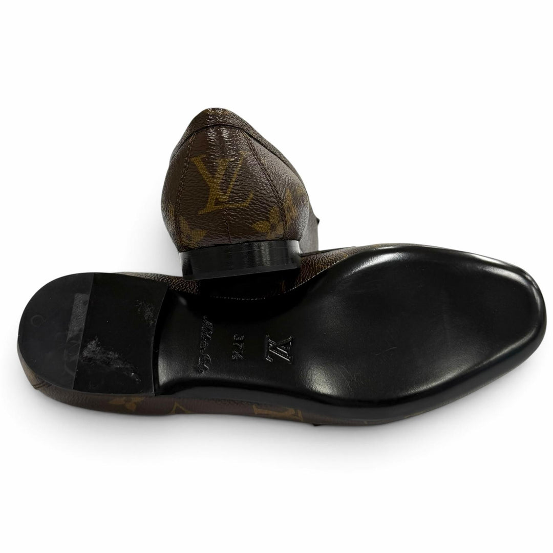 未使用品★LOUIS VUITTON ルイヴィトン アッパーケースライン LV金具 モノグラム スクエアトゥ レザー ローファー ブラウン 37.5 袋付