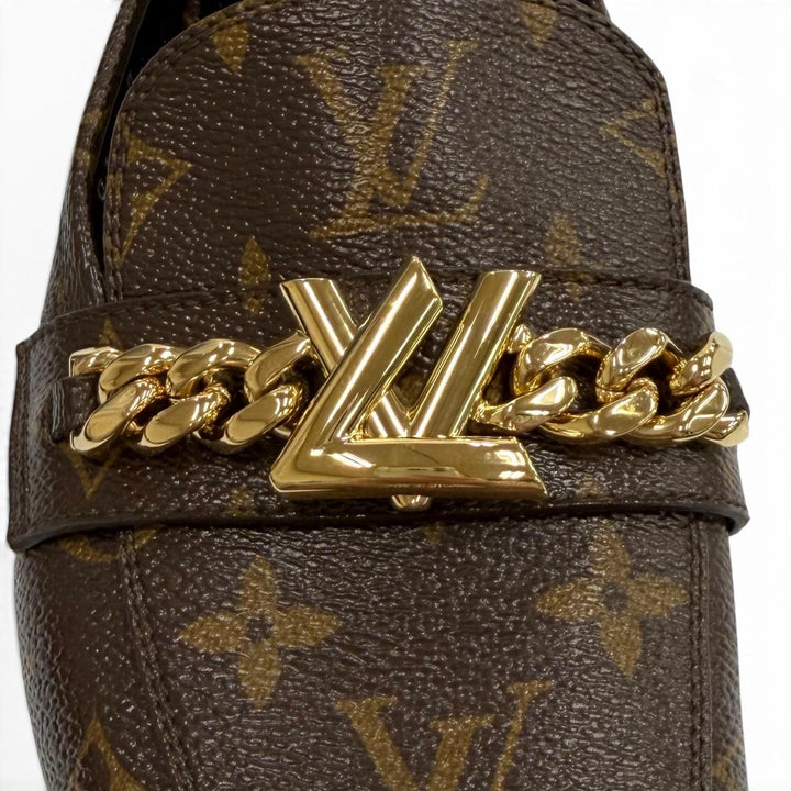 未使用品★LOUIS VUITTON ルイヴィトン アッパーケースライン LV金具 モノグラム スクエアトゥ レザー ローファー ブラウン 37.5 袋付