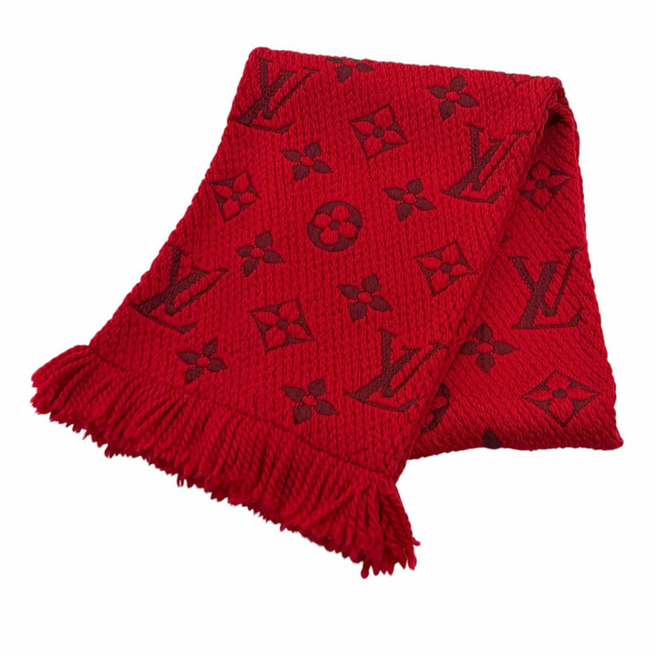 美品★LOUIS VUITTON ルイヴィトン M72432 エシャルプ ロゴマニア ウール シルク混 ルビー モノグラム フリンジ マフラー 伊製 正規品