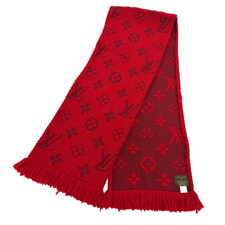 美品★LOUIS VUITTON ルイヴィトン M72432 エシャルプ ロゴマニア ウール シルク混 ルビー モノグラム フリンジ マフラー 伊製 正規品