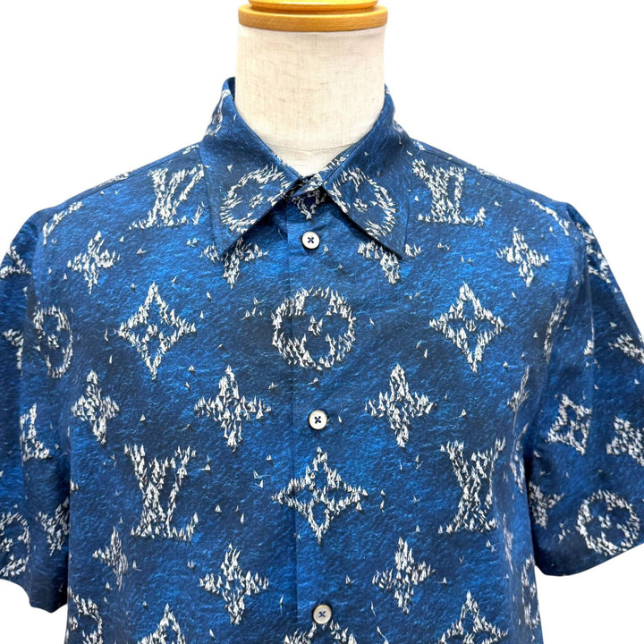 極美品□LOUIS VUITTON ルイヴィトン 25AW プリントモノグラム ショートスリーブシャツ 半袖シャツ ブルー L フランス製 正規品 メンズ