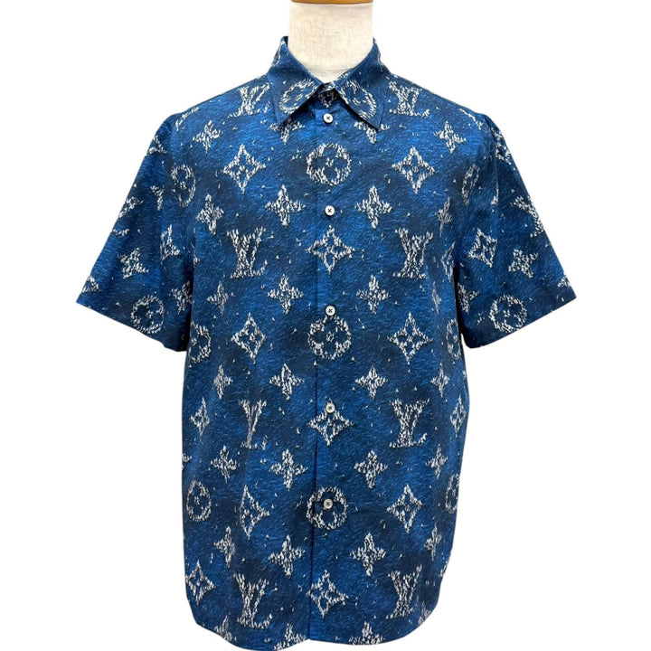 極美品□LOUIS VUITTON ルイヴィトン 25AW プリントモノグラム ショートスリーブシャツ 半袖シャツ ブルー L フランス製 正規品 メンズ
