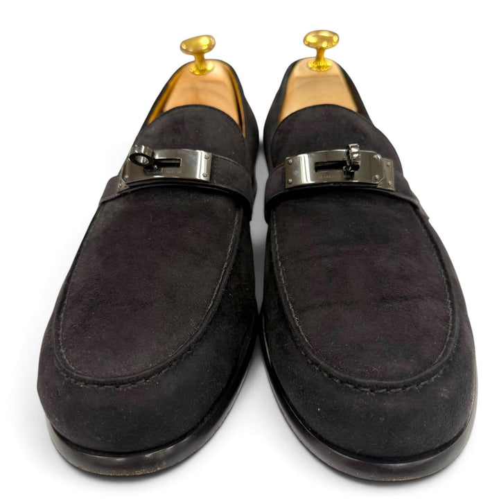 美品▼HERMES エルメス スウェードレザー ケリーバックル Uチップ レザーシューズ ローファー ブラック 42.5 イタリア製 メンズ ビジネス