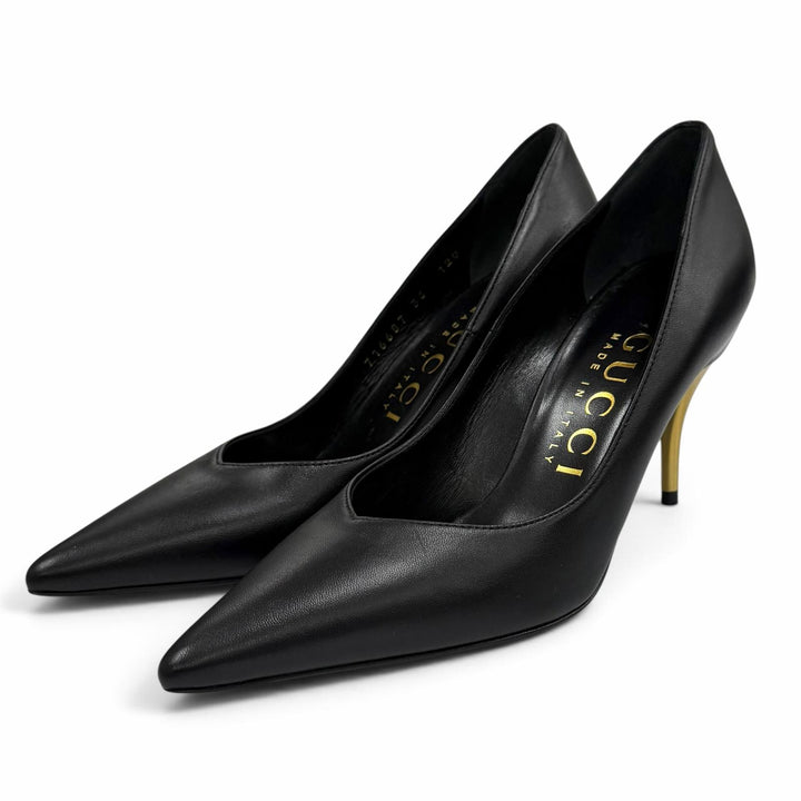 未使用品★GUCCI グッチ 716687 ポインテッドトゥ ピンヒール レザー パンプス ブラック ゴールド 36 イタリア製 箱・保存袋付き