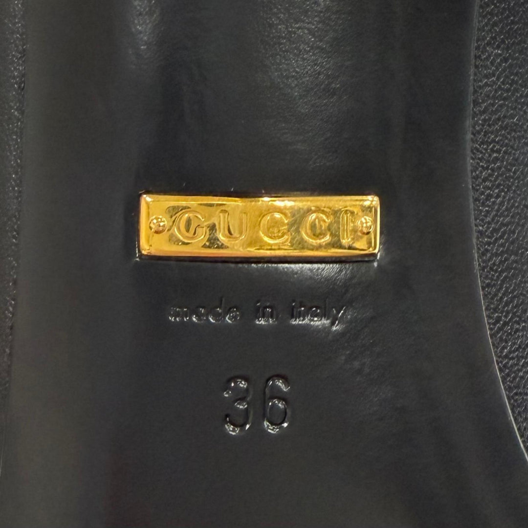 未使用品★GUCCI グッチ 716687 ポインテッドトゥ ピンヒール レザー パンプス ブラック ゴールド 36 イタリア製 箱・保存袋付き
