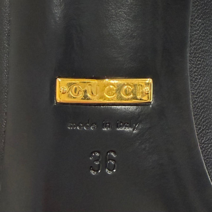 未使用品★GUCCI グッチ 716687 ポインテッドトゥ ピンヒール レザー パンプス ブラック ゴールド 36 イタリア製 箱・保存袋付き
