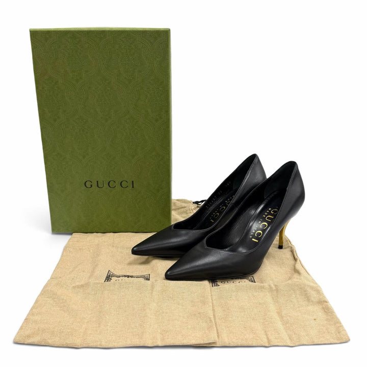 未使用品★GUCCI グッチ 716687 ポインテッドトゥ ピンヒール レザー パンプス ブラック ゴールド 36 イタリア製 箱・保存袋付き