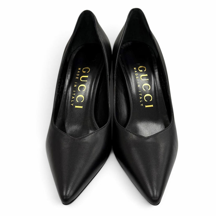 未使用品★GUCCI グッチ 716687 ポインテッドトゥ ピンヒール レザー パンプス ブラック ゴールド 36 イタリア製 箱・保存袋付き