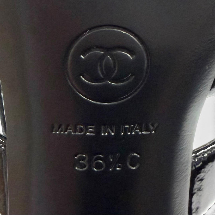 美品★CHANEL シャネル G39048 ココマーク ベルトデザイン ポインテッドトゥ パテントレザー パンプス ブラック 36.5 伊製 箱・保存袋付