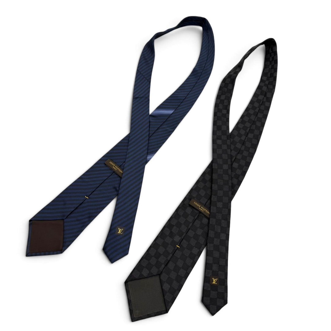 美品▼LOUIS VUITTON ルイヴィトン シルク100% クラヴァット ダミエクラシック ストライプ ネクタイ 2本セット ブラック ネイビー メンズ