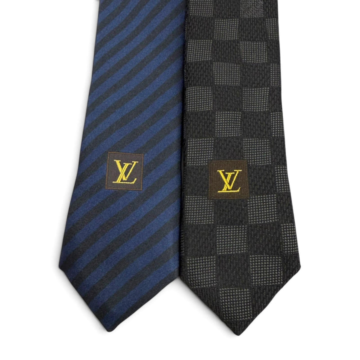 美品▼LOUIS VUITTON ルイヴィトン シルク100% クラヴァット ダミエクラシック ストライプ ネクタイ 2本セット ブラック ネイビー メンズ