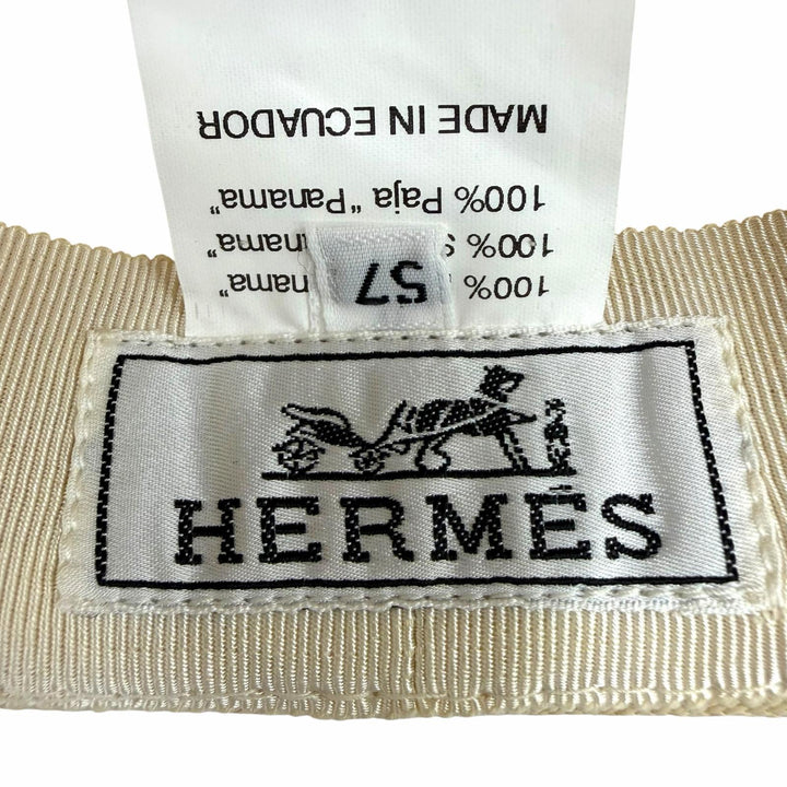 極美品☆HERMES エルメス リボンテープ パナマハット 麦わら帽子 中折れ ハット ナチュラル ブラック 57 正規品 レディース