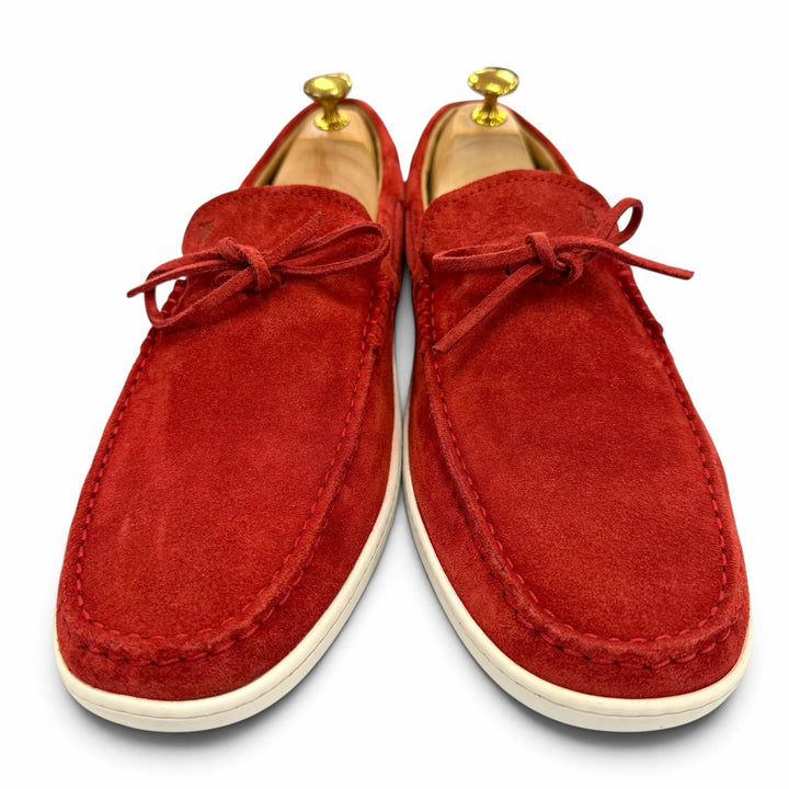未使用品▼TOD’S トッズ スウェードレザー ロゴ刻印 スリッポン ドライビングシューズ レッド 10 イタリア製 メンズ 箱・保存袋付き