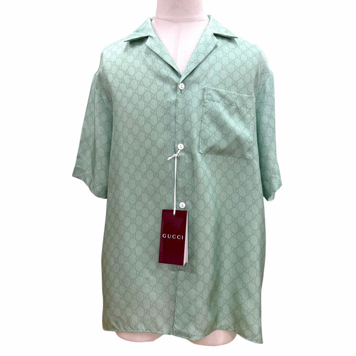 未使用品▼GUCCI YUKO HIGUCHI グッチ ヒグチユウコ 2026年製 864048 シルク100% GG柄 バックプリント 半袖シャツ グリーン 48 正規品