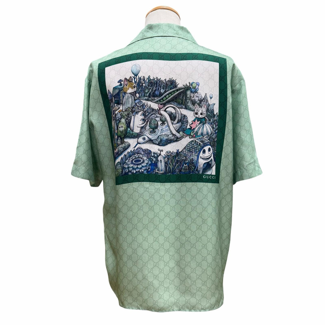 未使用品▼GUCCI YUKO HIGUCHI グッチ ヒグチユウコ 2026年製 864048 シルク100% GG柄 バックプリント 半袖シャツ グリーン 48 正規品