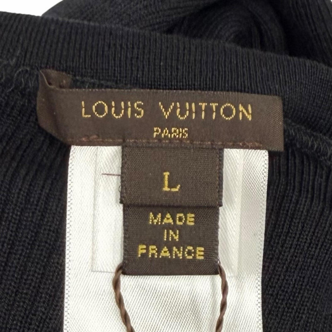 未使用品★LOUIS VUITTON ルイヴィトン ウール シルク混 LVロゴ タイトリブニット クルーネック 半袖 ブラック L フランス製 正規品