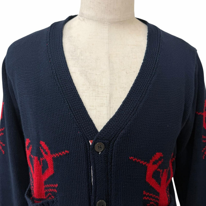 美品□THOM BROWNE トムブラウン MKC001BKC139 コットン100％ ロブスター ニットカーディガン セーター ネイビー 3 正規品 メンズ
