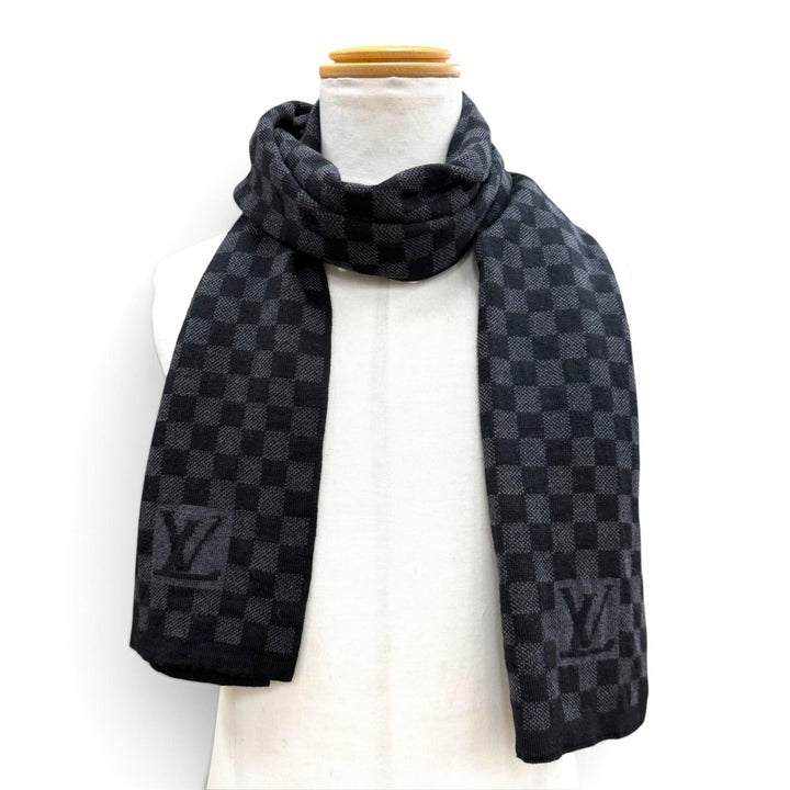 美品▼LOUIS VUITTON ルイヴィトン 401910 エシャルプ プティ ダミエ ウール100% マフラー ブラック グレー イタリア製 正規品 メンズ