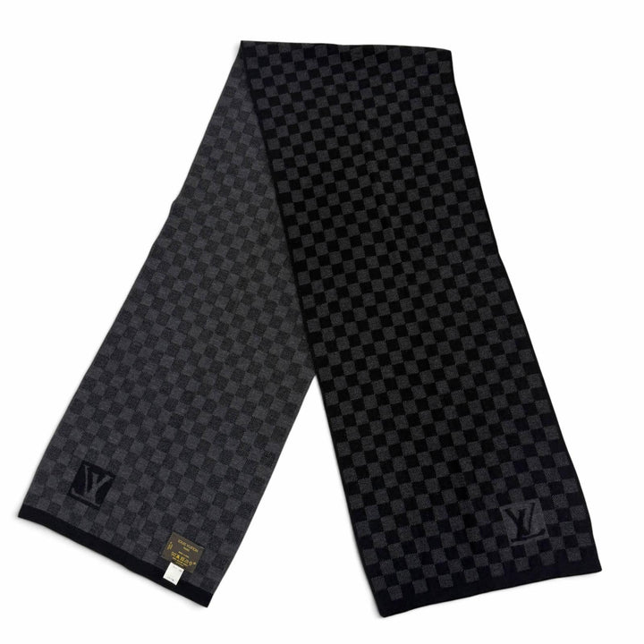 美品▼LOUIS VUITTON ルイヴィトン 401910 エシャルプ プティ ダミエ ウール100% マフラー ブラック グレー イタリア製 正規品 メンズ