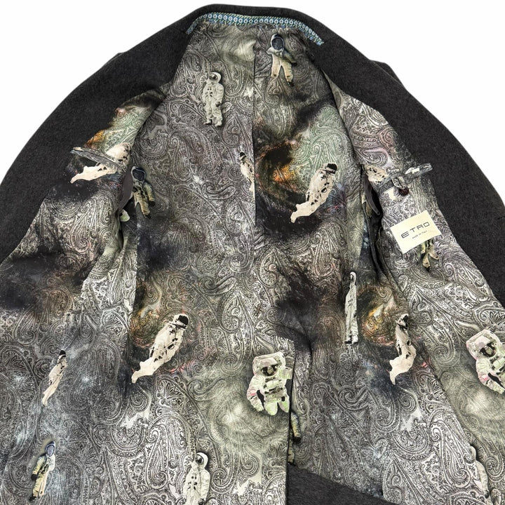 未使用品□ETRO エトロ カシミヤ100％ 裏地ペイズリー柄 宇宙飛行士 シングル チェスターコート グレー 44 イタリア製 正規品 メンズ
