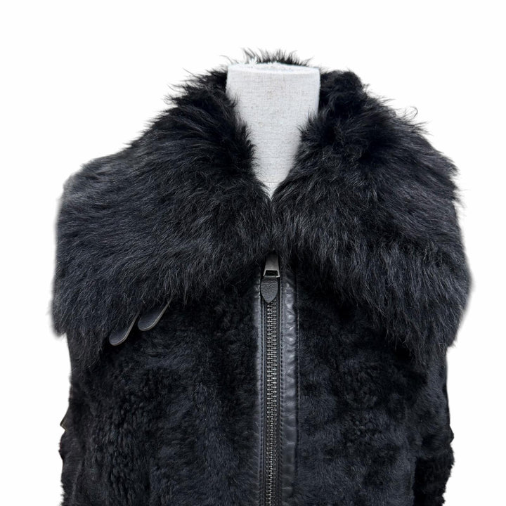 美品☆RALPH LAUREN ラルフローレン 羊革 牛革 レザー切替 ZIP UP ムートン ベスト ブラック M 正規品 レディース
