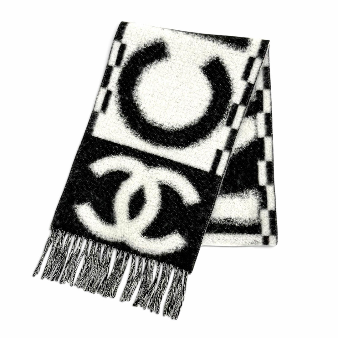 美品△CHANEL シャネル AAA478 カシミヤ シルク ココマーク ロゴデザイン フリンジ マフラー ホワイト ブラック イタリア製 レディース