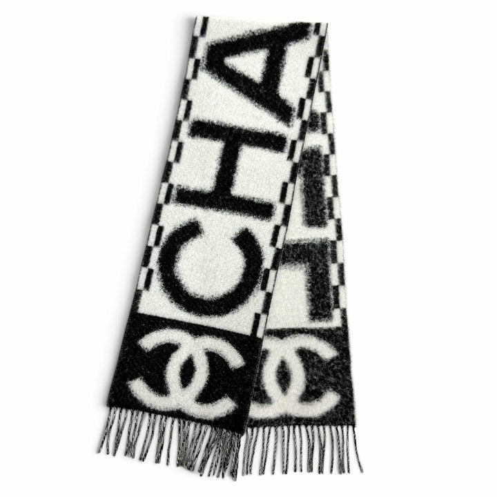 美品△CHANEL シャネル AAA478 カシミヤ シルク ココマーク ロゴデザイン フリンジ マフラー ホワイト ブラック イタリア製 レディース