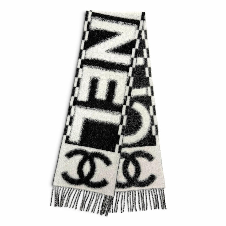 美品△CHANEL シャネル AAA478 カシミヤ シルク ココマーク ロゴデザイン フリンジ マフラー ホワイト ブラック イタリア製 レディース