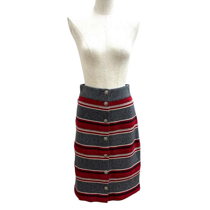 極美品★CHANEL シャネル P49747K06278 カシミヤ100％ ココマークボタン ボーダー ニット タイトスカート マルチ 36 伊製 レディース