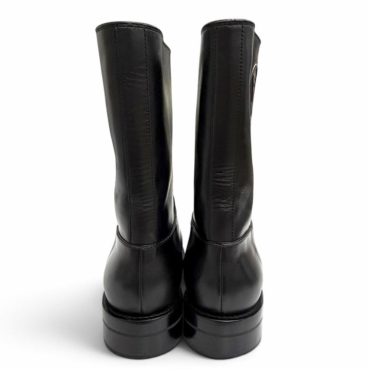 美品△LOUIS VUITTON ルイヴィトン レザー LVサークルロゴ ラウンドトゥ フラット ショートブーツ ブラック 37 イタリア製 レディース