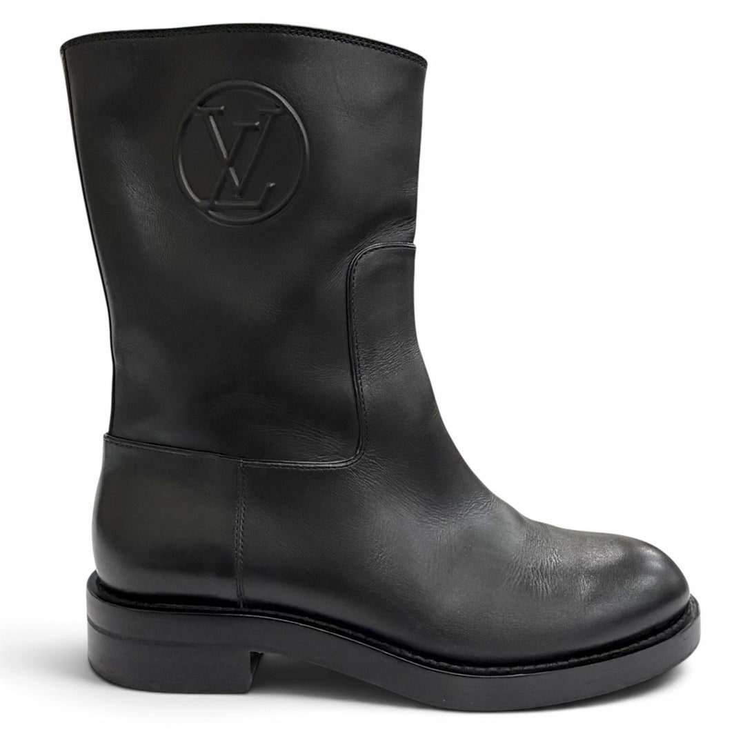 美品△LOUIS VUITTON ルイヴィトン レザー LVサークルロゴ ラウンドトゥ フラット ショートブーツ ブラック 37 イタリア製 レディース