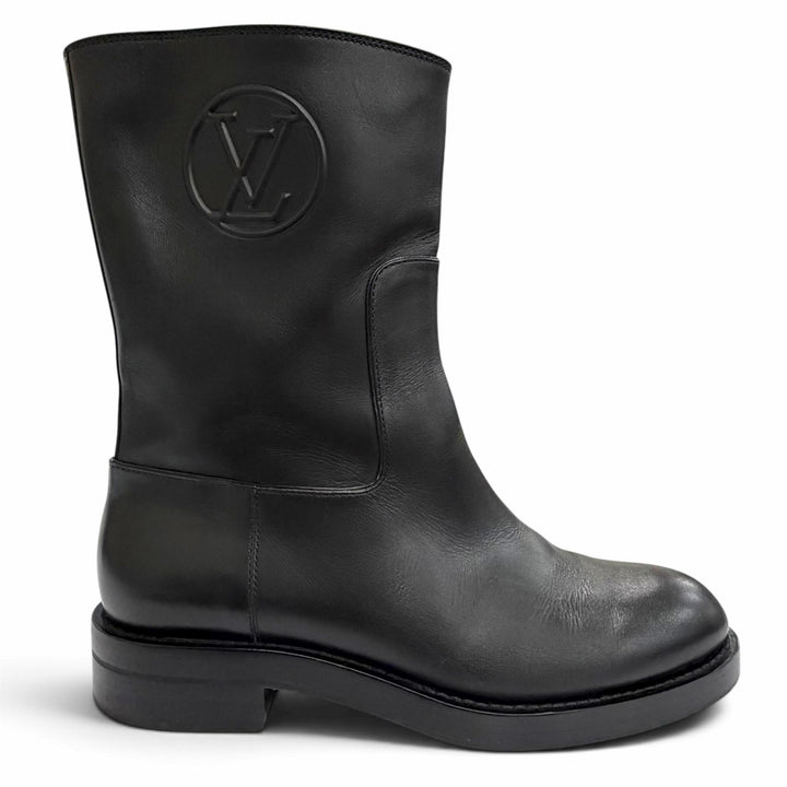 美品△LOUIS VUITTON ルイヴィトン レザー LVサークルロゴ ラウンドトゥ フラット ショートブーツ ブラック 37 イタリア製 レディース