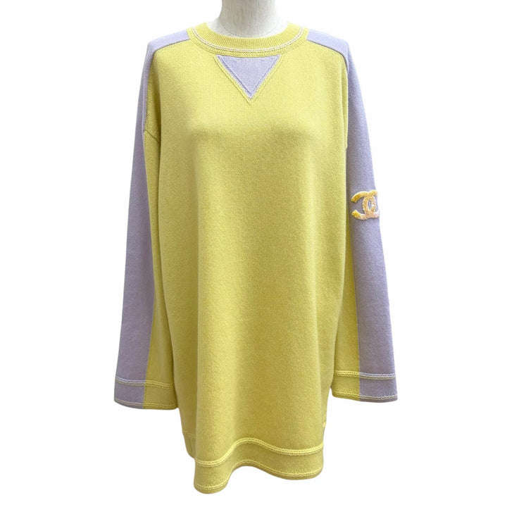 極美品★CHANEL シャネル P76434K10983 カシミヤ100％ オーバーサイズ ココマーク スパンコール 長袖 チュニック 黄色 紫 34 正規品