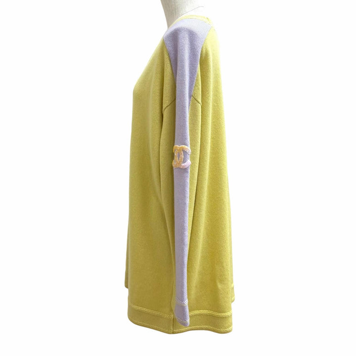 極美品★CHANEL シャネル P76434K10983 カシミヤ100％ オーバーサイズ ココマーク スパンコール 長袖 チュニック 黄色 紫 34 正規品