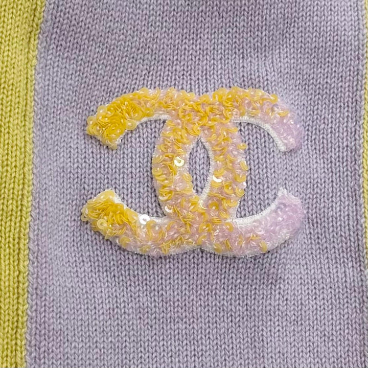 極美品★CHANEL シャネル P76434K10983 カシミヤ100％ オーバーサイズ ココマーク スパンコール 長袖 チュニック 黄色 紫 34 正規品