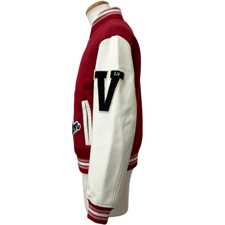 極美品□LOUIS VUITTON ルイヴィトン ワッペン 袖レザー バーシティジャケット ブルゾン レッド アイボリー 46 イタリア製 正規品 メンズ