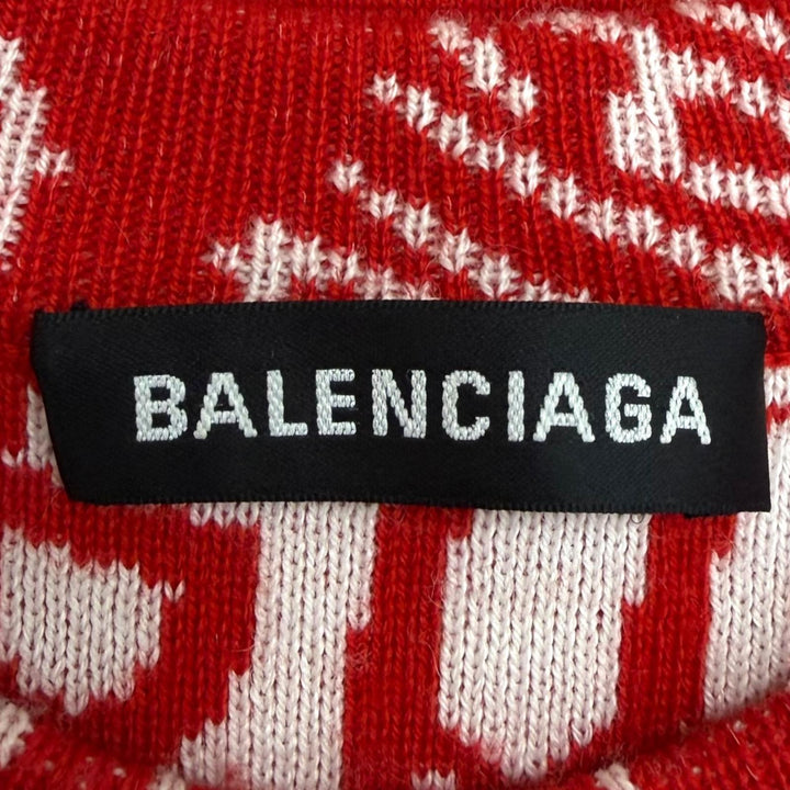 極美品□BALENCIAGA バレンシアガ 583153 ロゴウェーブ 総柄 クルーネック ロングスリーブニット セーター レッド ホワイト S 正規品