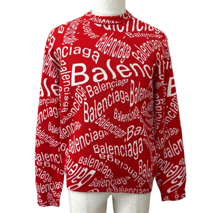 極美品□BALENCIAGA バレンシアガ 583153 ロゴウェーブ 総柄 クルーネック ロングスリーブニット セーター レッド ホワイト S 正規品
