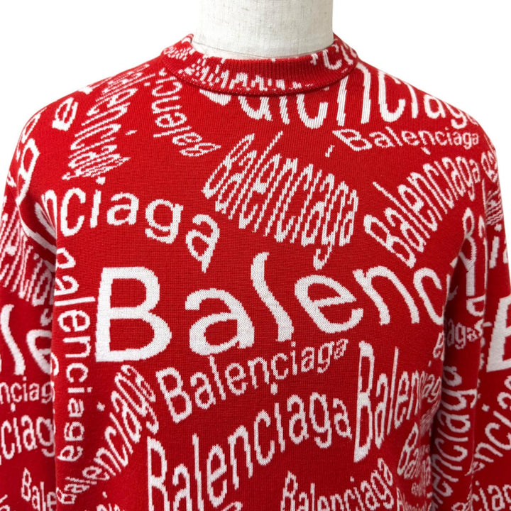 極美品□BALENCIAGA バレンシアガ 583153 ロゴウェーブ 総柄 クルーネック ロングスリーブニット セーター レッド ホワイト S 正規品