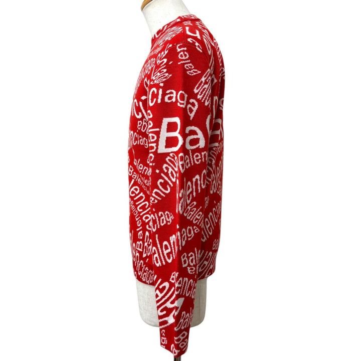 極美品□BALENCIAGA バレンシアガ 583153 ロゴウェーブ 総柄 クルーネック ロングスリーブニット セーター レッド ホワイト S 正規品