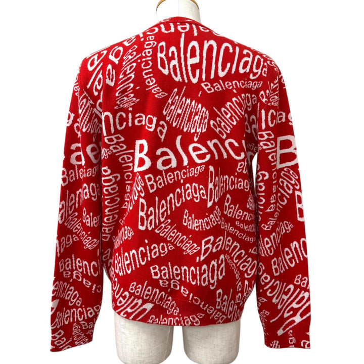 極美品□BALENCIAGA バレンシアガ 583153 ロゴウェーブ 総柄 クルーネック ロングスリーブニット セーター レッド ホワイト S 正規品