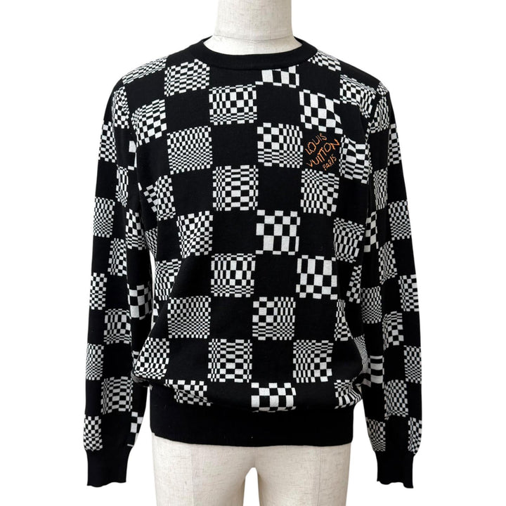 極美品□LOUIS VUITTON ルイヴィトン 2021年製 ディストーテッドダミエ クルーネック ロングスリーブ セーター ブラック M 伊製 正規品
